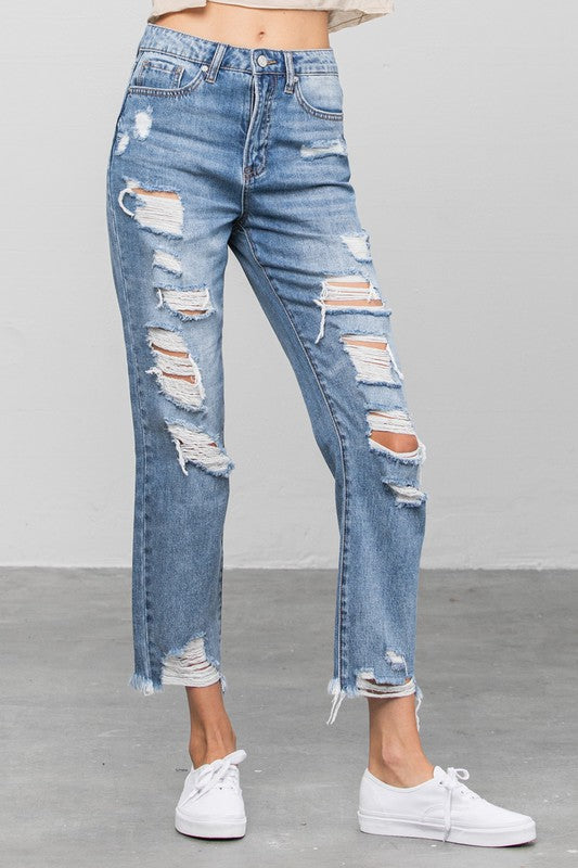 High Waist Heavy Distressed Girlfriend Jeans