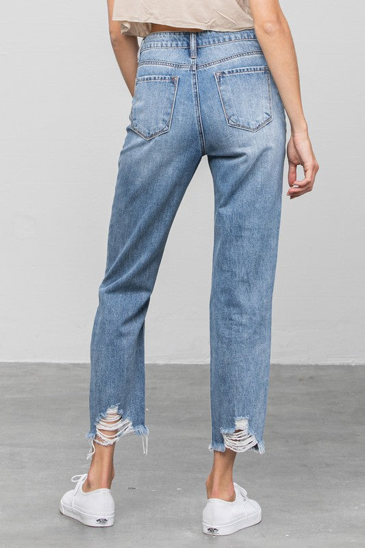 High Waist Heavy Distressed Girlfriend Jeans