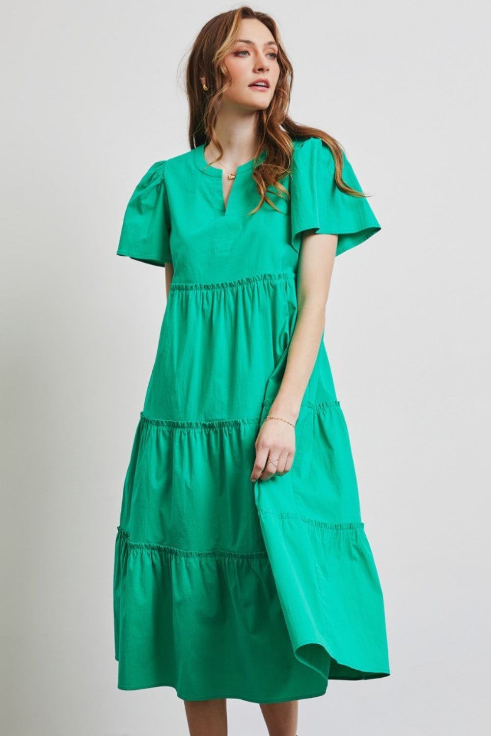 HEYSON Full Size Poplin Ruffled Tiered Midi Dress