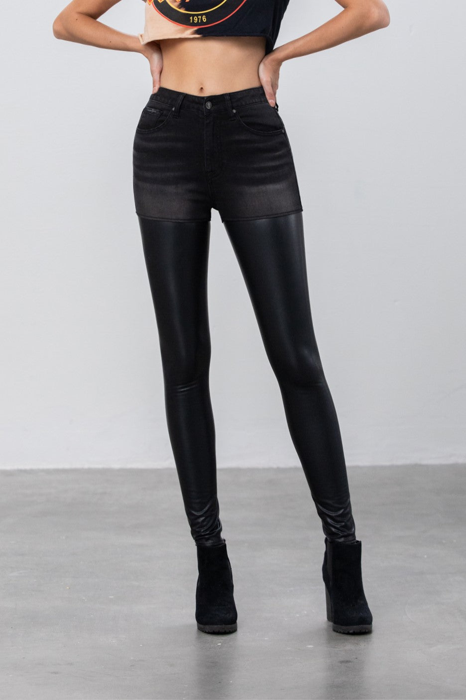 High-Rise Leather Denim Pants