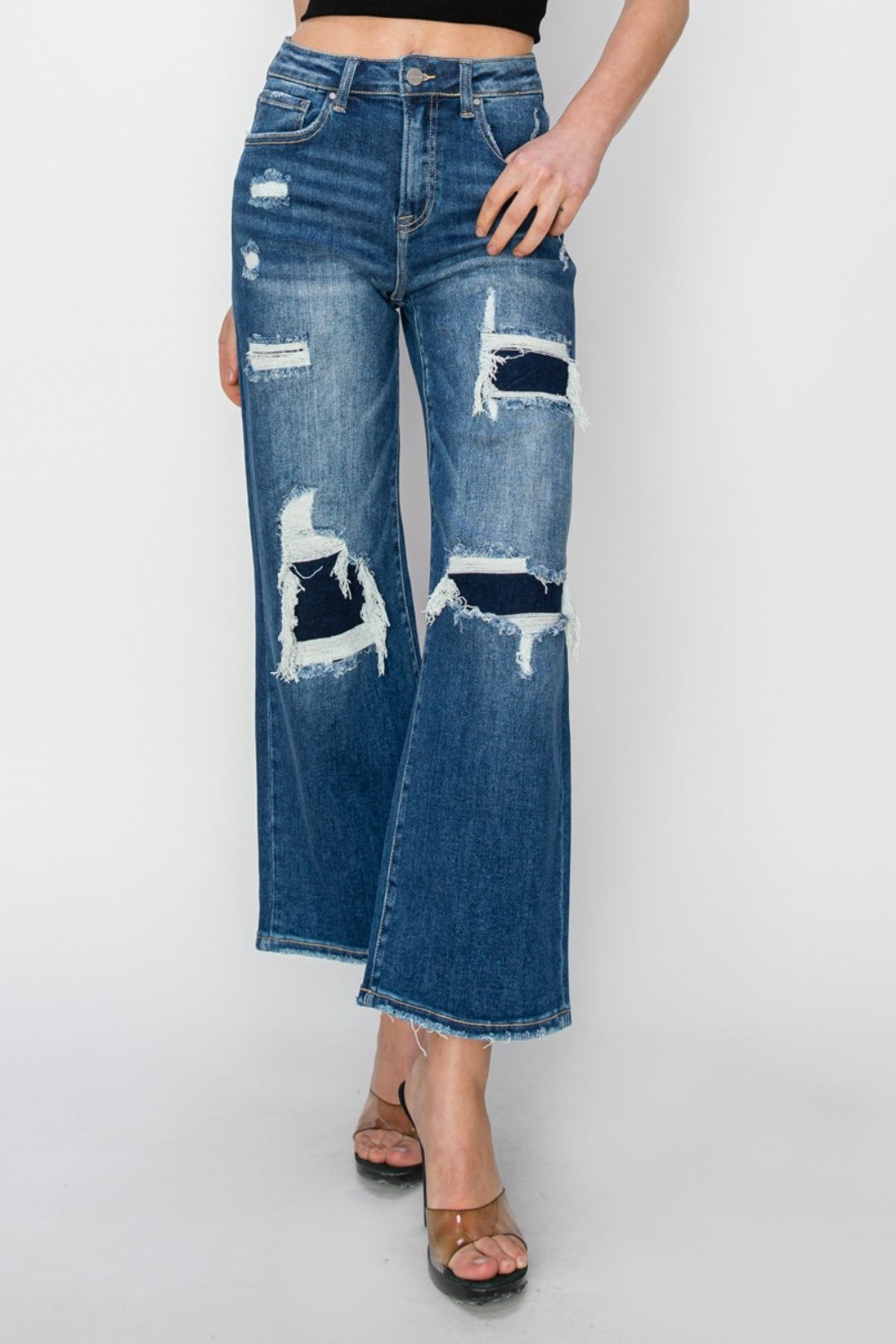 RISEN Full Size Patch Detailed Wide Leg Crop Jeans