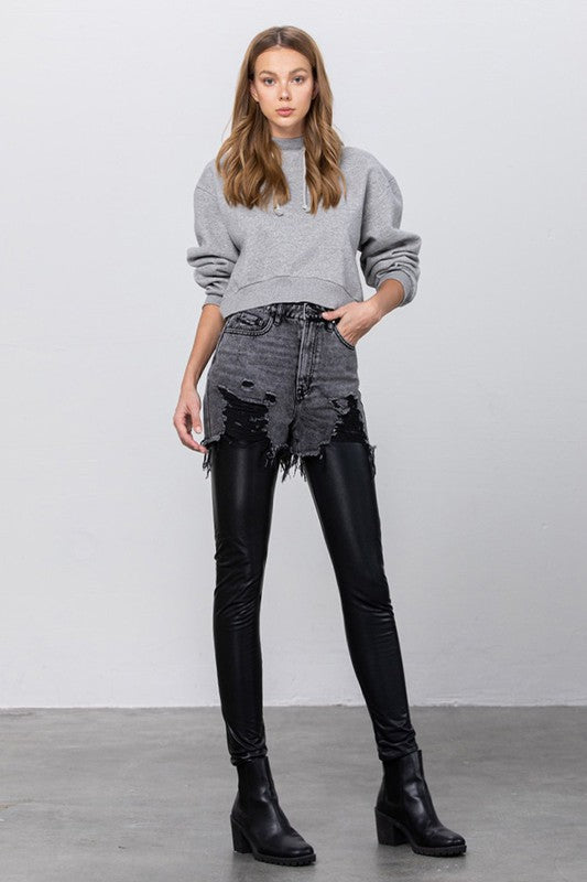 High Rise Leather Denim Combo Pants