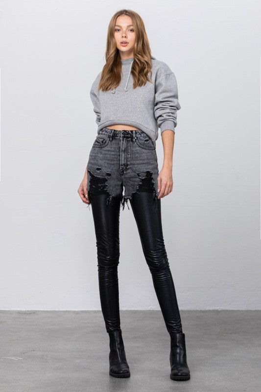 High Rise Leather Denim Combo Pants