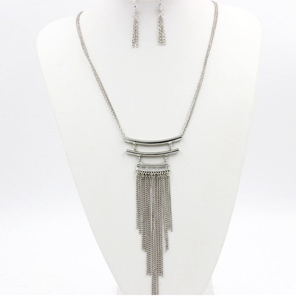 Metal Tassel Drop Necklace and Earring Set