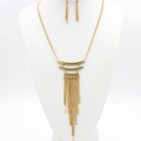 Metal Tassel Drop Necklace and Earring Set