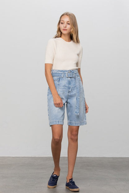 Belted Denim Bermudas