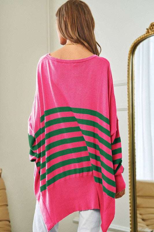 Davi & Dani Loose Fit Multi Striped Elbow Patch Sweater