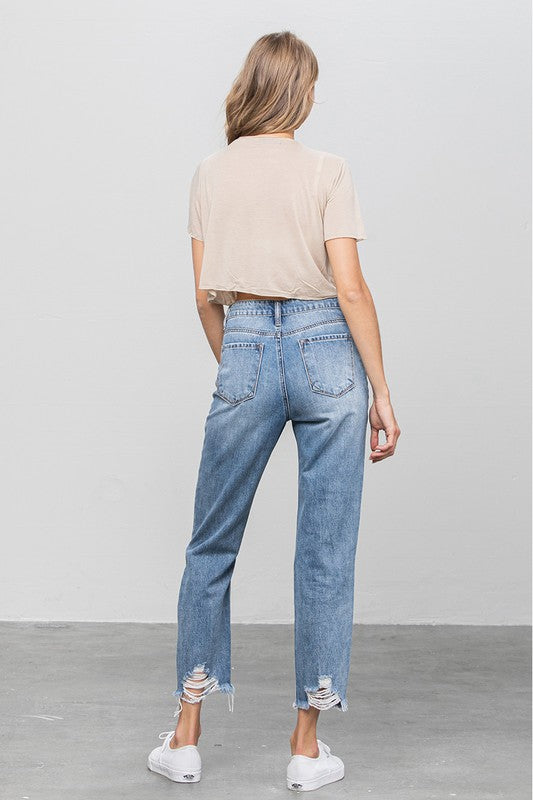 High Waist Heavy Distressed Girlfriend Jeans