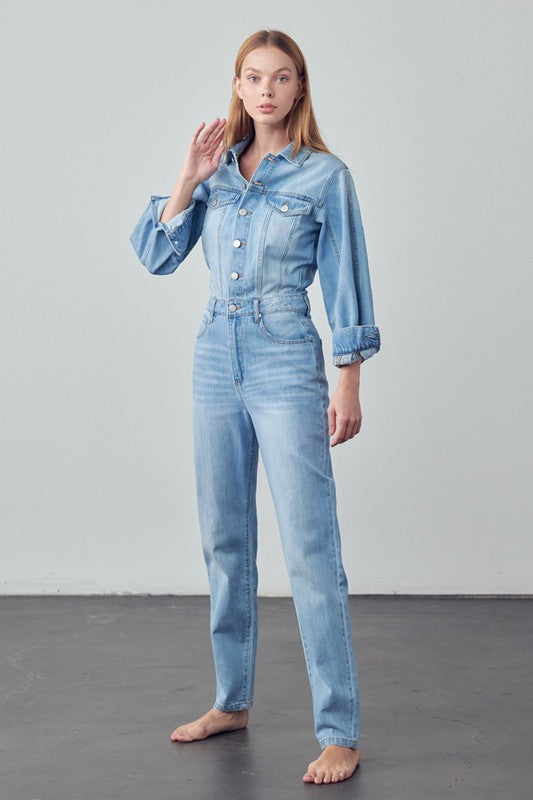 Balloon Sleeve Denim Jumpsuit