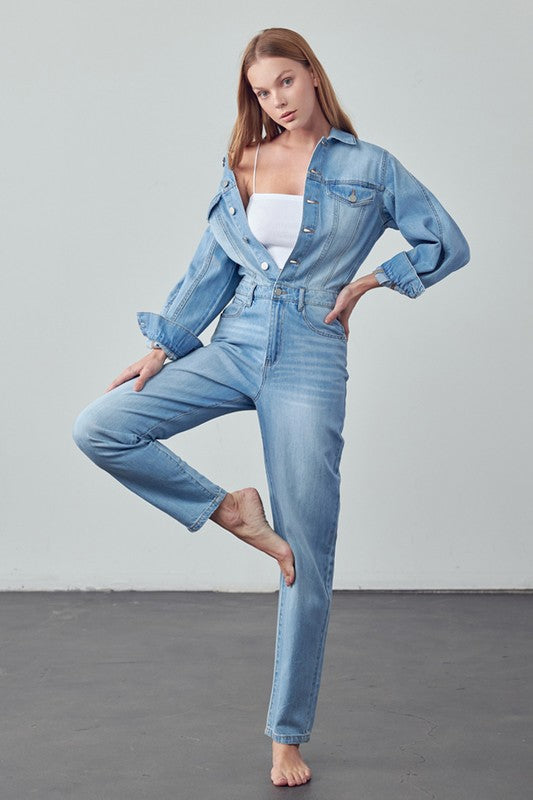 Balloon Sleeve Denim Jumpsuit