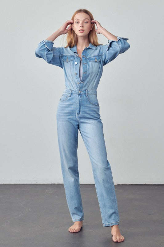 Balloon Sleeve Denim Jumpsuit