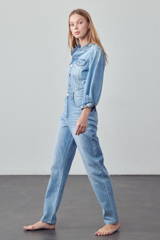 Balloon Sleeve Denim Jumpsuit