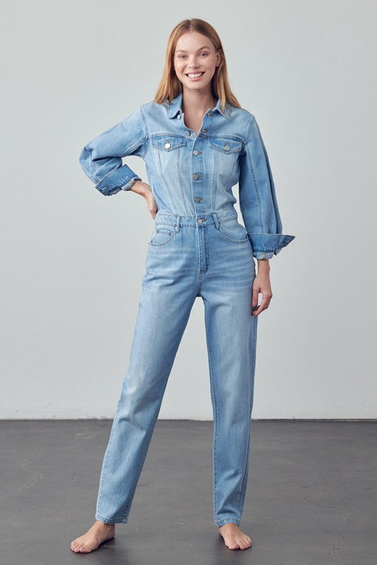 Balloon Sleeve Denim Jumpsuit