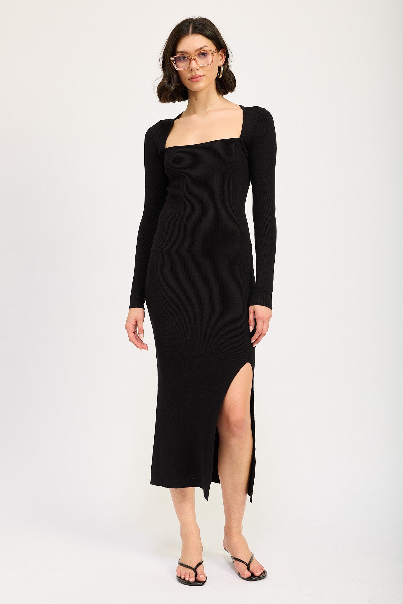 Square Neck Midi Dress with Slit