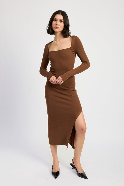 Square Neck Midi Dress with Slit