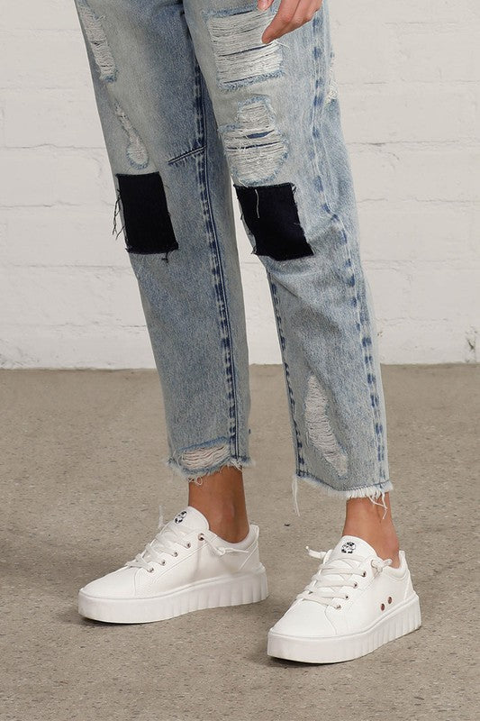 Raw Hem Patched Jeans