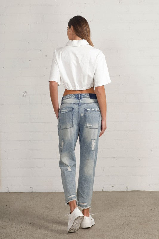 Raw Hem Patched Jeans