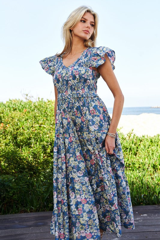 Davi & Dani Vintage Garden Floral Flutter Smocking Midi Dress