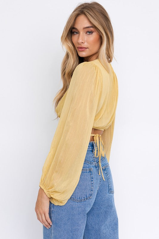 LE LIS Balloon Sleeve Criss Cross Crop Top