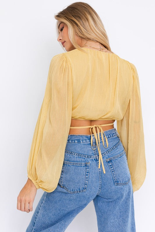 LE LIS Balloon Sleeve Criss Cross Crop Top