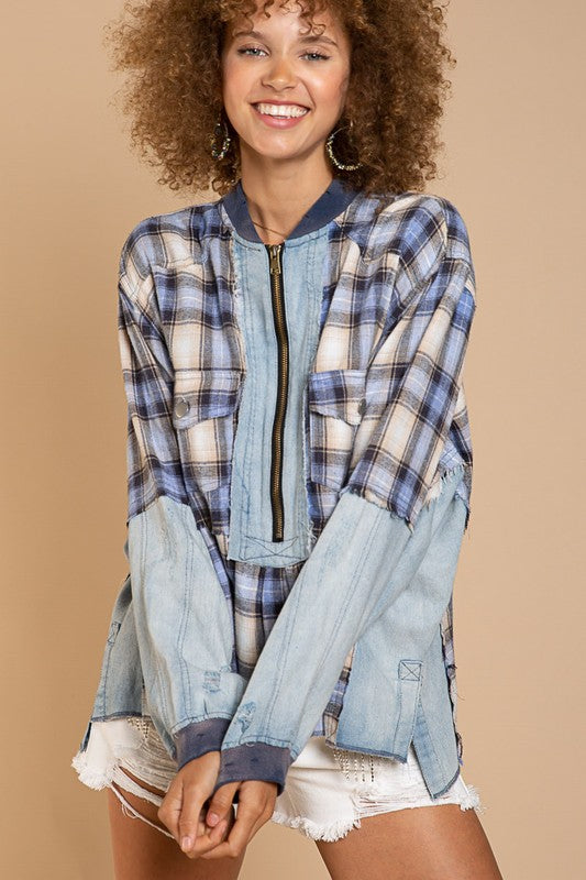 POL Half-Zip Pullover with Plaid Detail