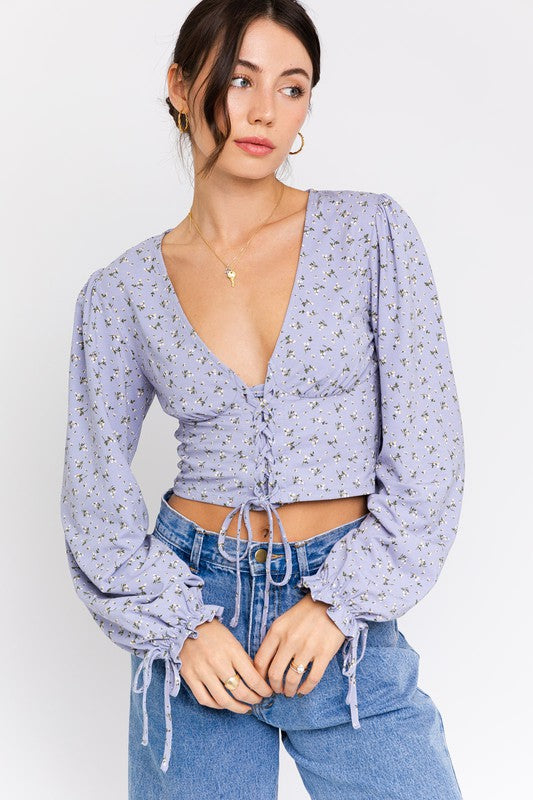 LE LIS Puff Sleeve Lace-Up Top