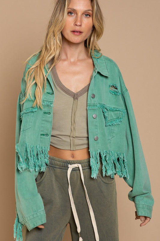 POL Fringe Distressed Crop Denim Jacket