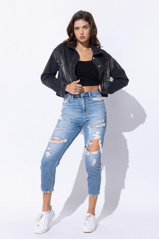 Sweet Generis Crop Denim Jacket with Rhinestone Fringe