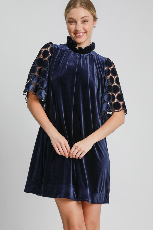 Umgee - Dotted Lace Half Sleeve Mock Neck Back Tie Velvet Dress