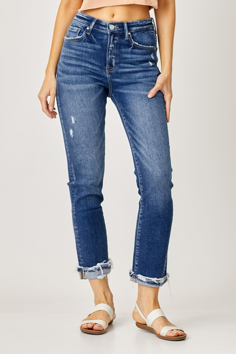 RISEN Full Size Frayed Cuffed Straight Jeans