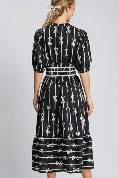 Umgee - Bow Tie Print Notched Contrast Velvet Trim Midi Dress