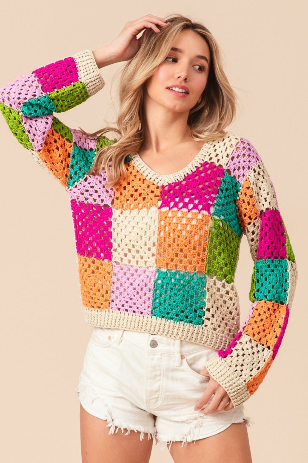 BiBi Multi Color Checkered Knit Top