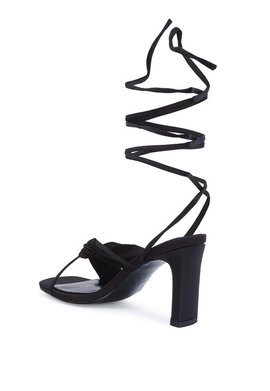 CHASM Ruched Satin Tie Up Block Heeled Sandals