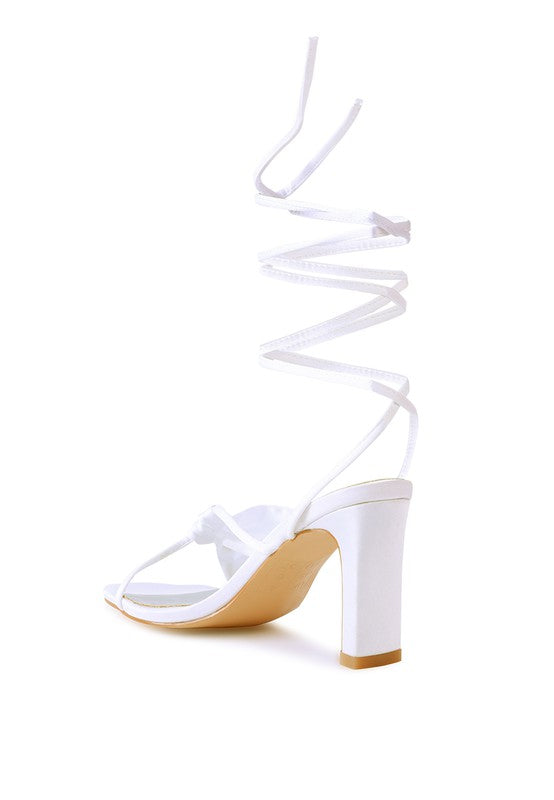 CHASM Ruched Satin Tie Up Block Heeled Sandals