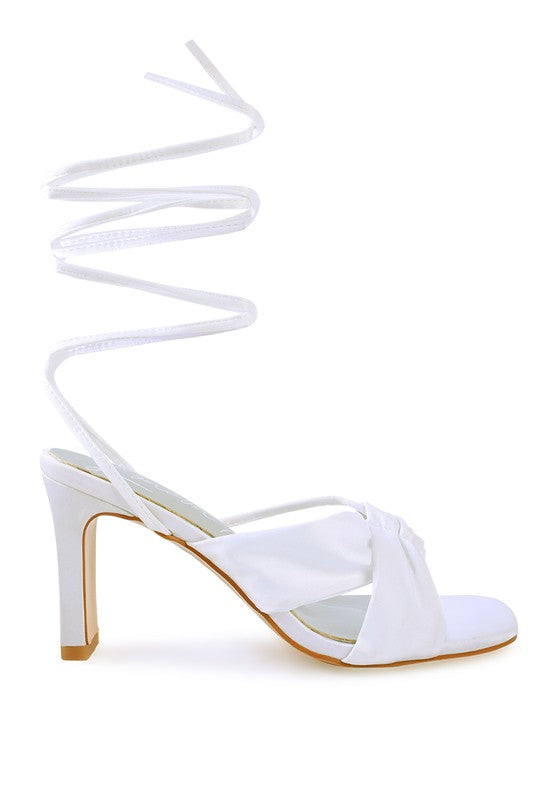 CHASM Ruched Satin Tie Up Block Heeled Sandals