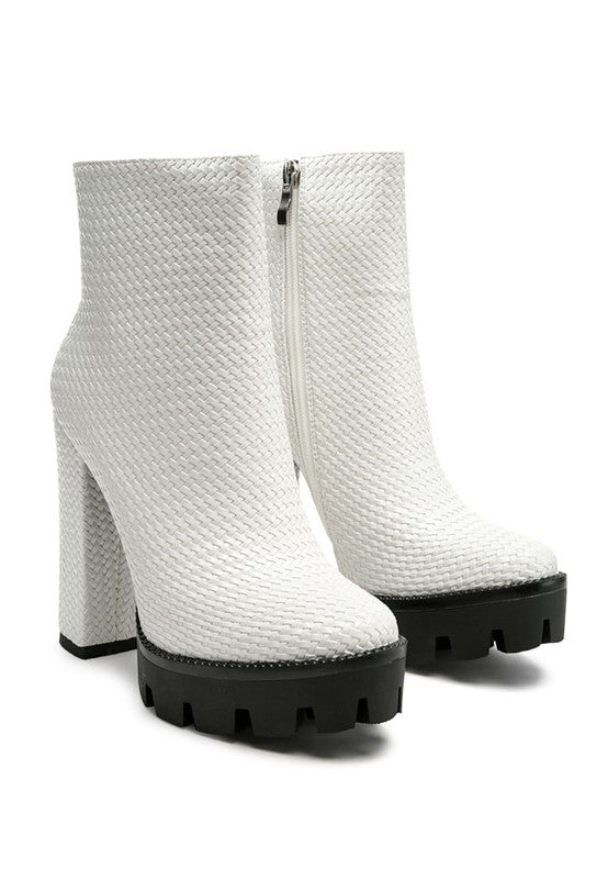 Woven Textured Block Heel Boots