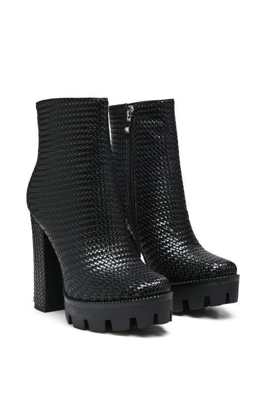 Woven Textured Block Heel Boots