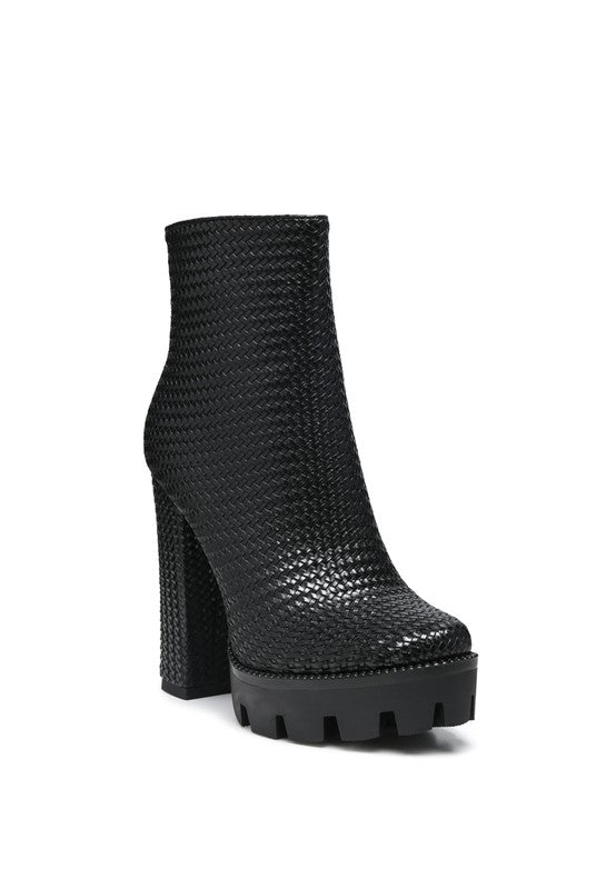 Woven Textured Block Heel Boots