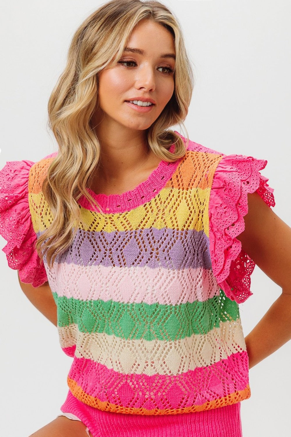 BiBi Pointelle Striped Ruffle Knit Top