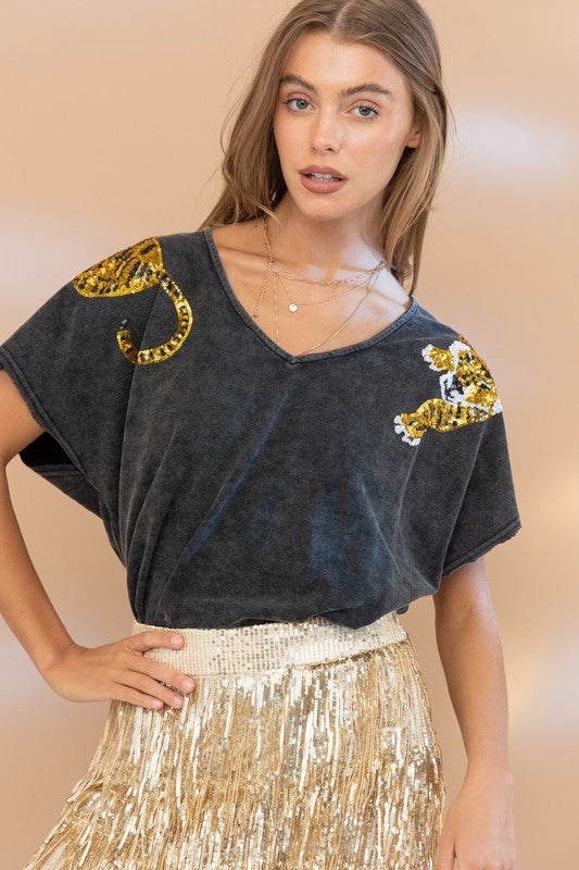 Blue B Tiger Sequin Patch T Shirt