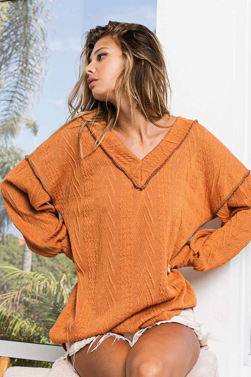 BiBi Exposed Seam Drop Shoulder Knit Top