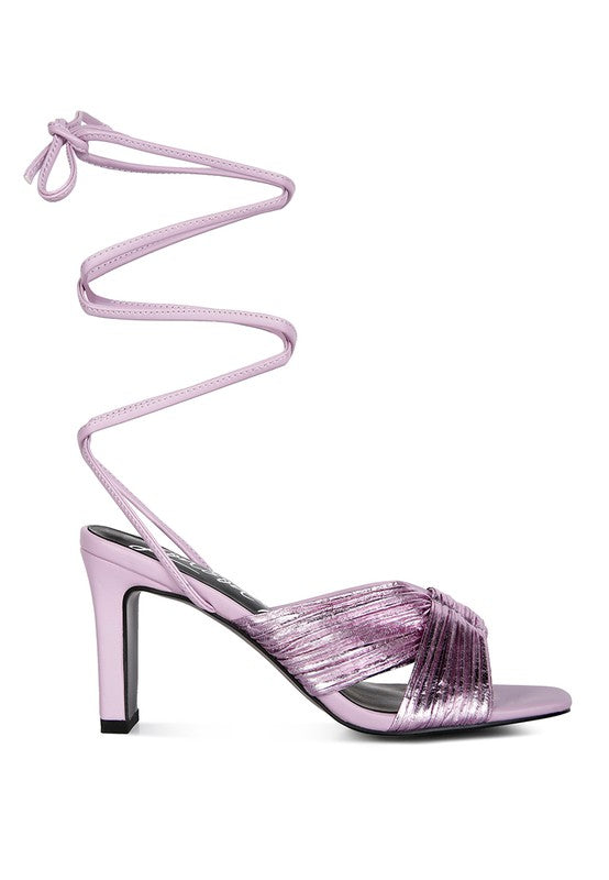 XUXA Metallic Tie Up Block Heel Sandals