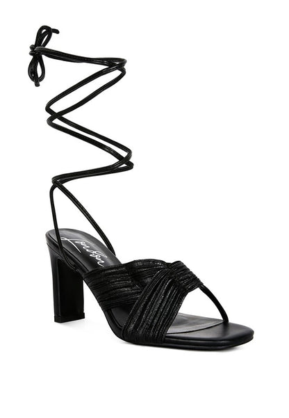 XUXA Metallic Tie Up Block Heel Sandals