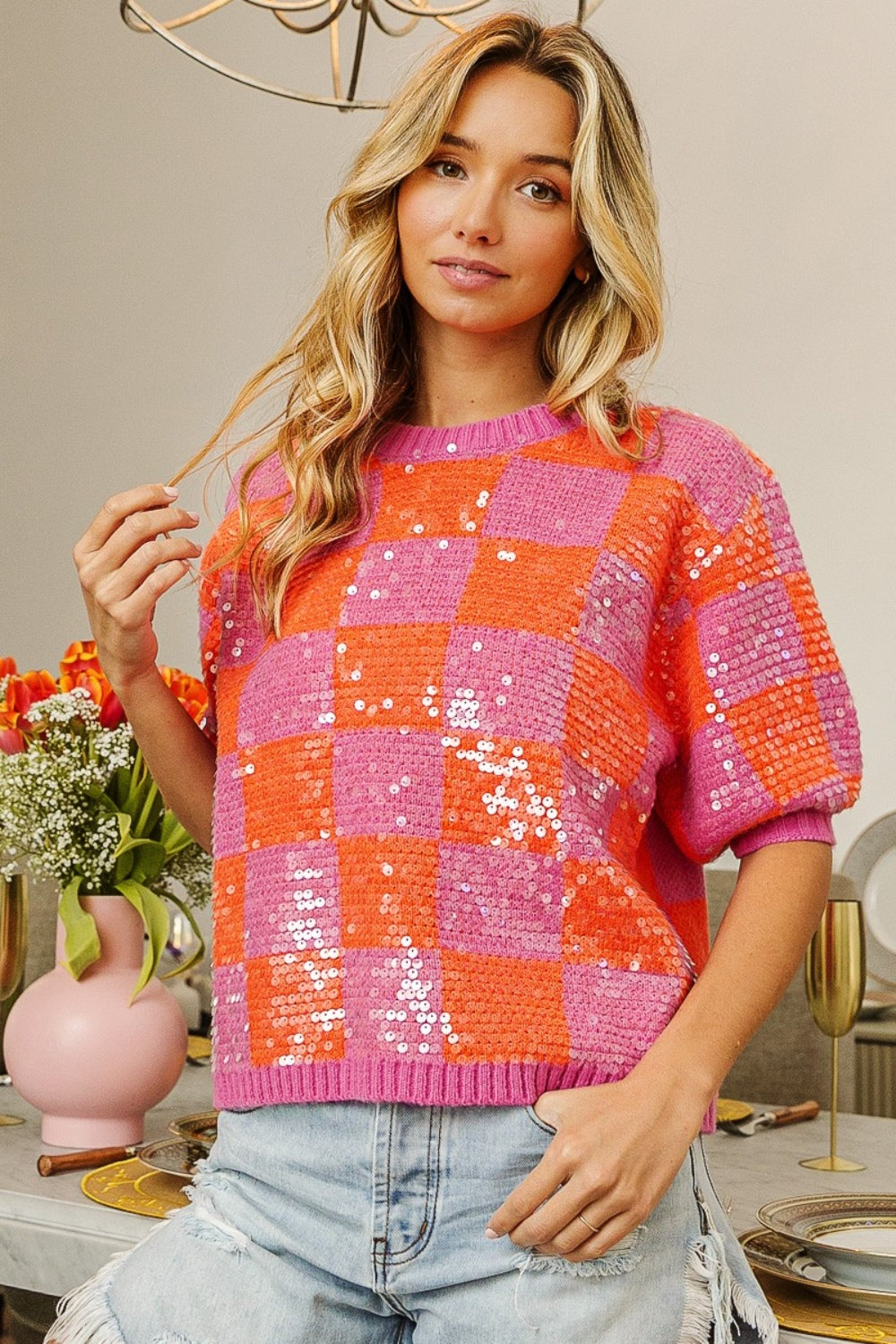 BiBi Checkered Sequin Sweater