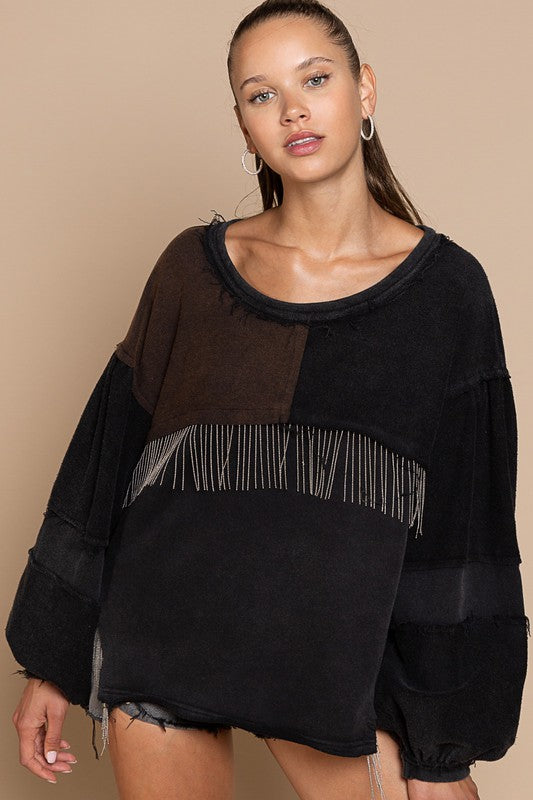 POL Metal Fringe Detailed French Terry Top