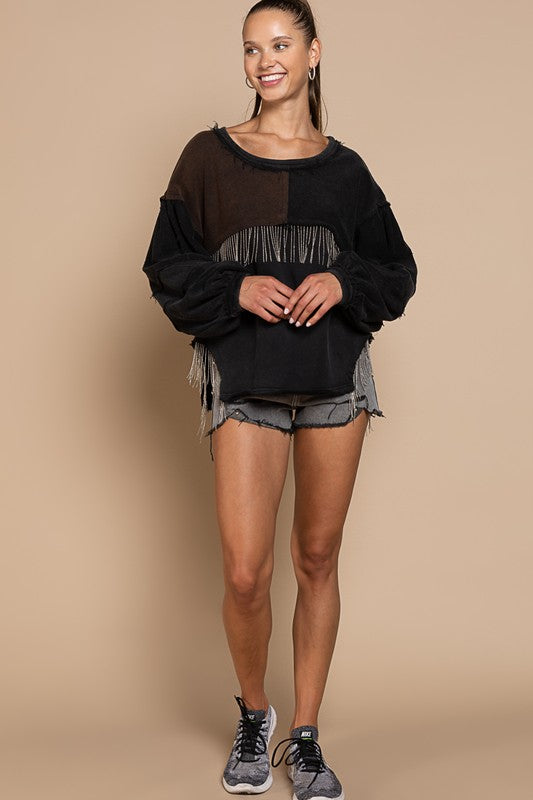 POL Metal Fringe Detailed French Terry Top