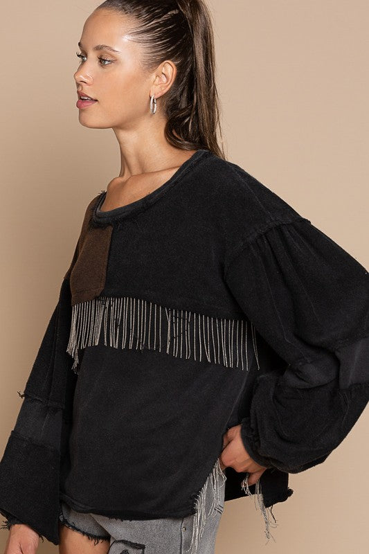 POL Metal Fringe Detailed French Terry Top