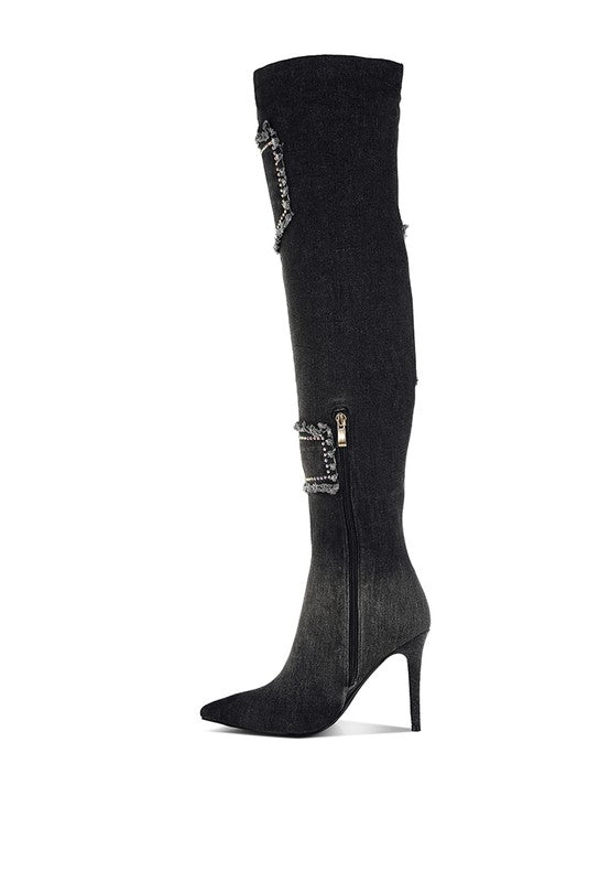 EILISH Rhinestone Knee - High Denim Boots