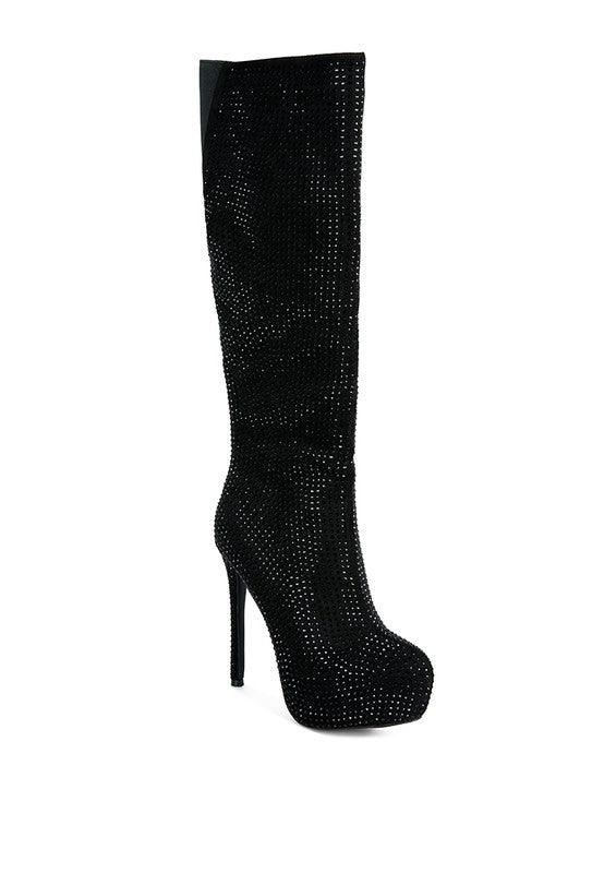 NEBULA Rhinestone Embellished Stiletto Calf Boots