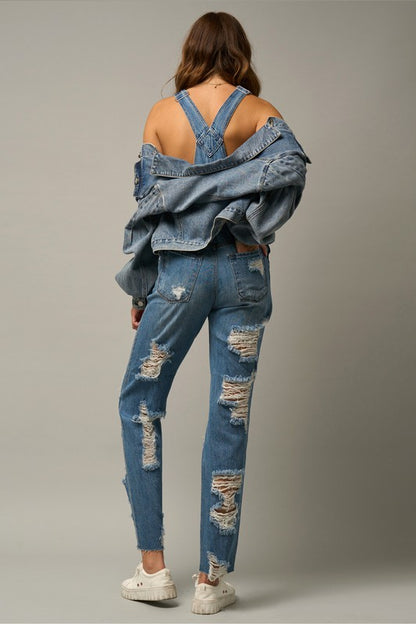 Heavy Distressed Straight Fit Overalls